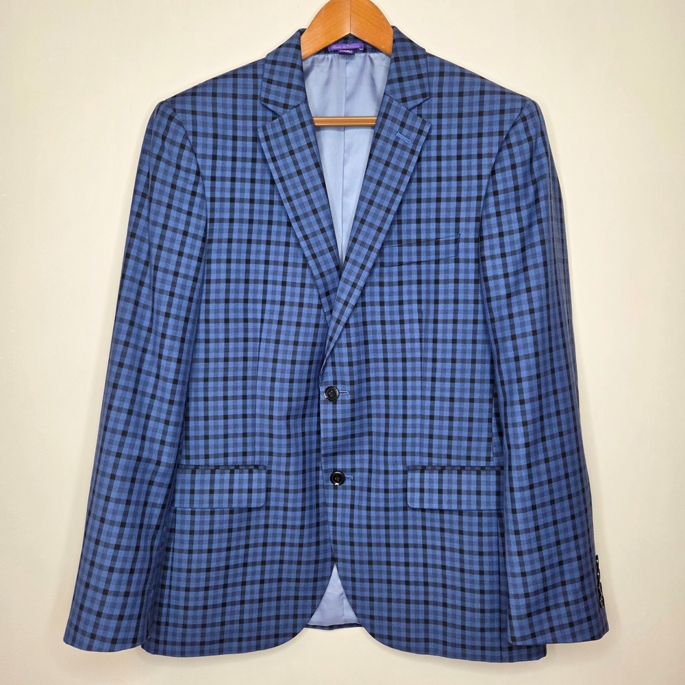 Savile Row Co Bromley Mens 40R Blue Black Gingham Check 2 Button Blazer Jacket